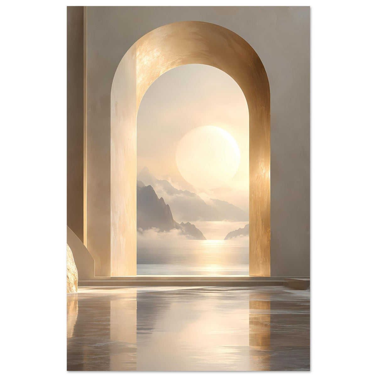 Vertikales Wandposter mit goldenem Rundbogen, Sonne über Wasser und Felsen links