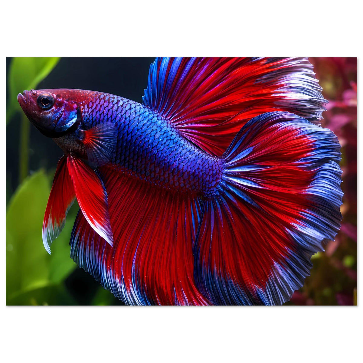 Betta-Fischposter: blauer Körper, rote Flossenfächer und helle, gesprenkelte Akzente