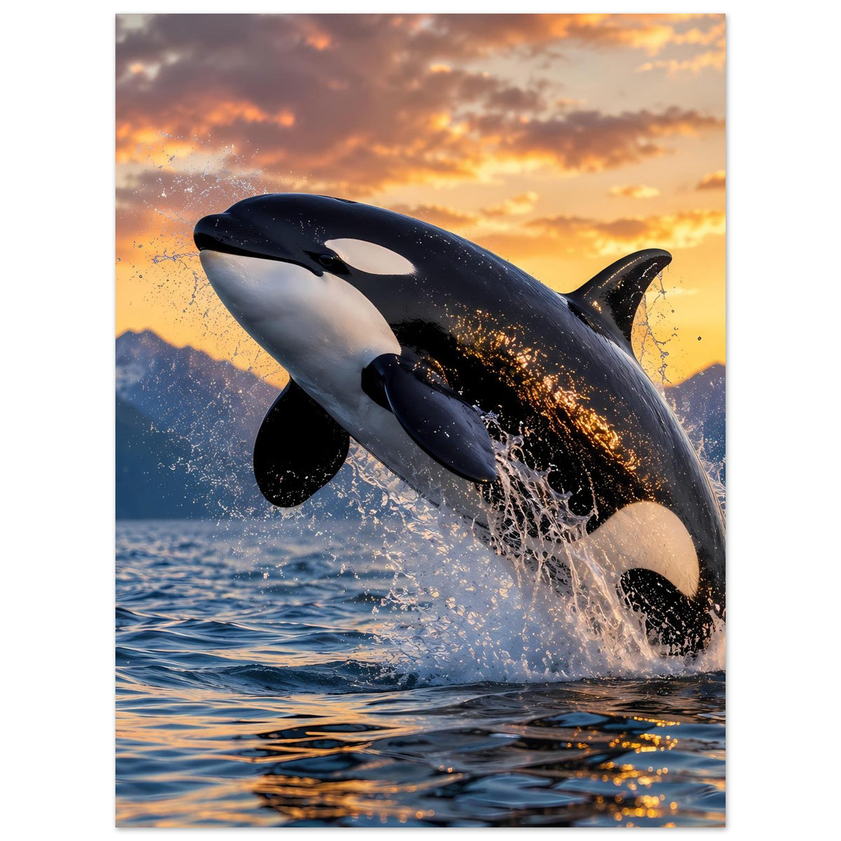 Orca-Sprung-Poster: schwarzer und weißer Wal mit Spritzwasser, im Meer vor orangefarbenem Himmel