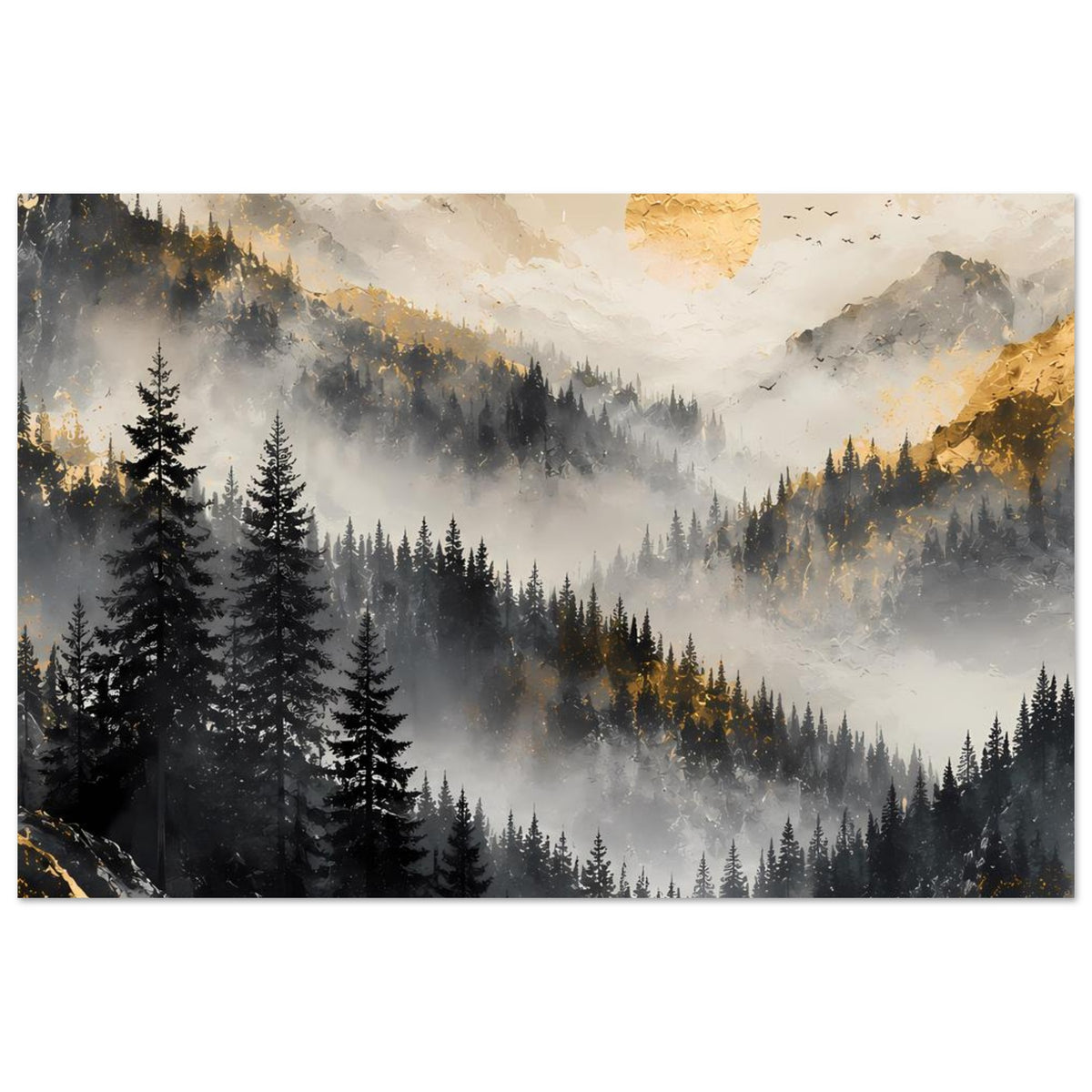 Landschaftsposter mit Bergpanorama, Tannen und Nebelschichten unter goldenem Himmel