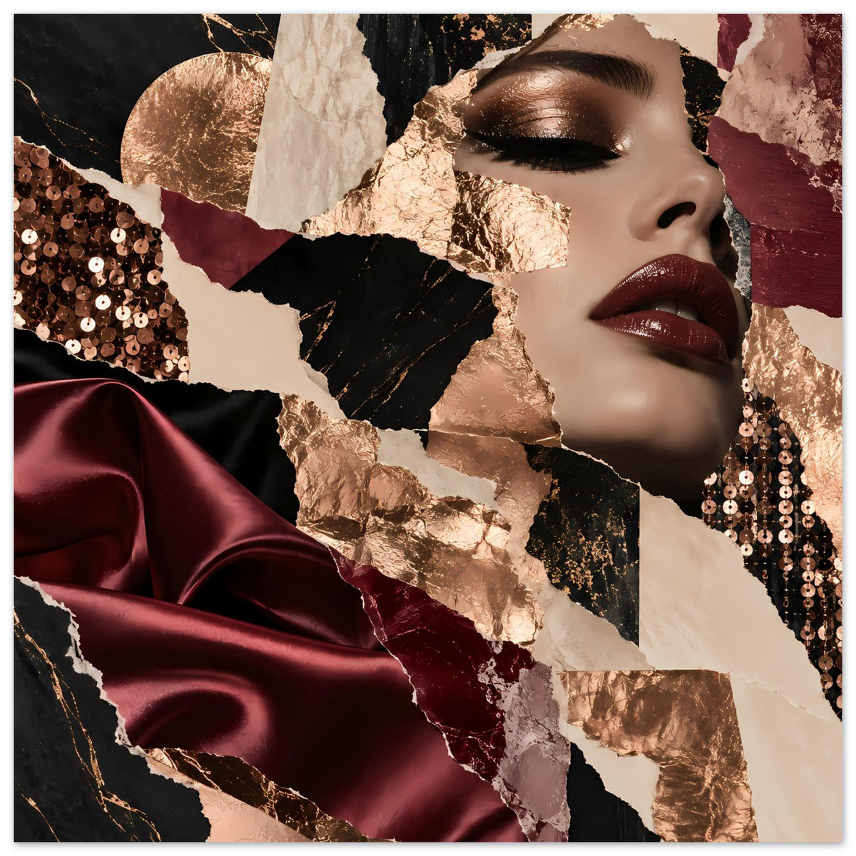 Fashion-Collage-Poster Nahansicht: Pailletten links, bordeaux Satin und Goldfolien
