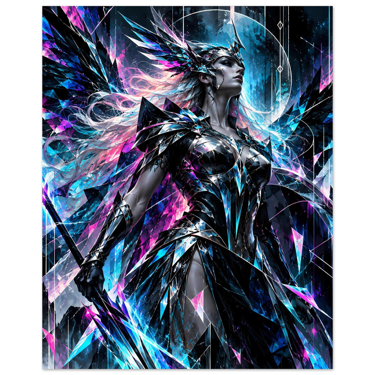 Neon-Valkyrie-Poster: silberne Rüstung, leuchtende Blau- und Pink-Fragmente, hochkant