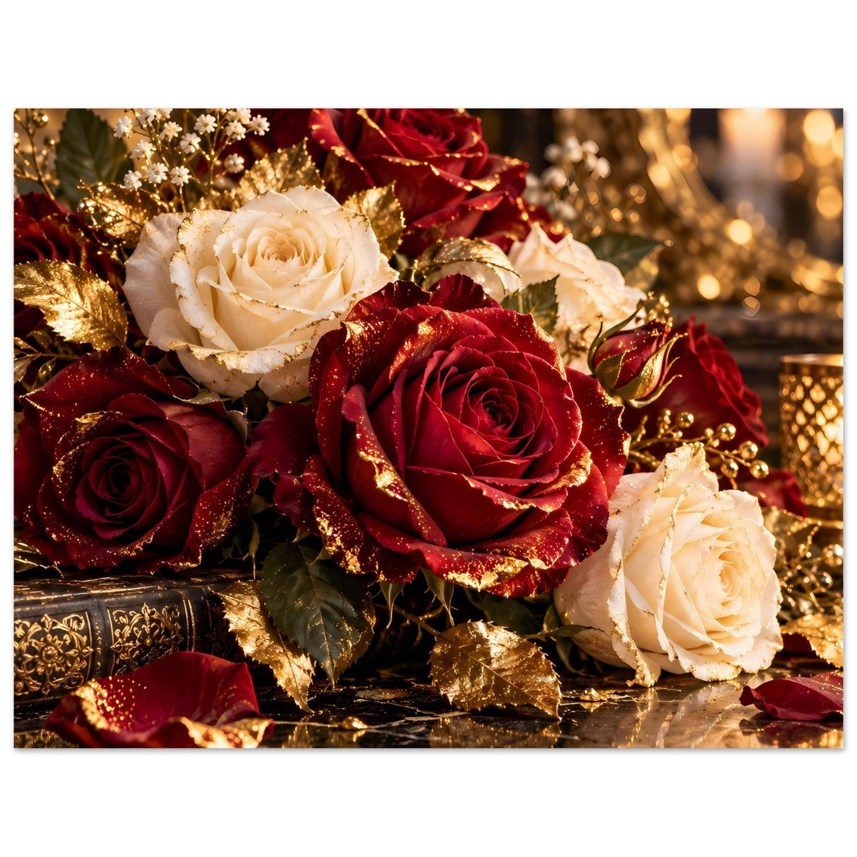 Poster im Nahbereich: cremeweiße und bordeauxrote Rosen mit goldenen Glanzpunkten