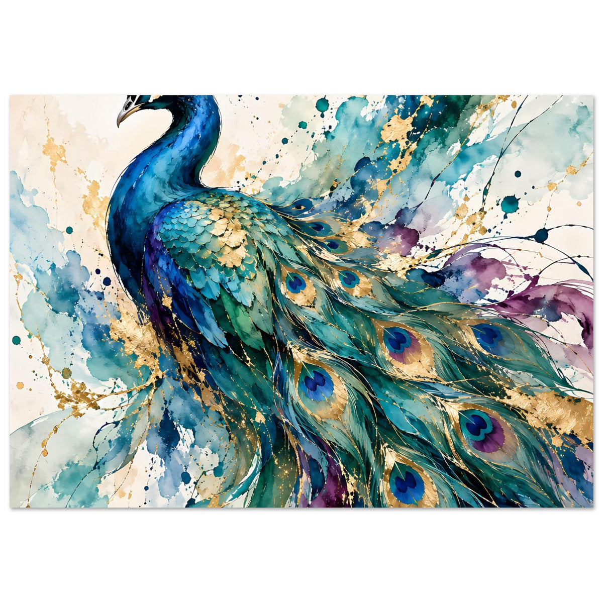 Pfau-Wandposter mit Aquarell-Optik: blauer Kopf, buntes Gefieder in Blau, Grün und Gold
