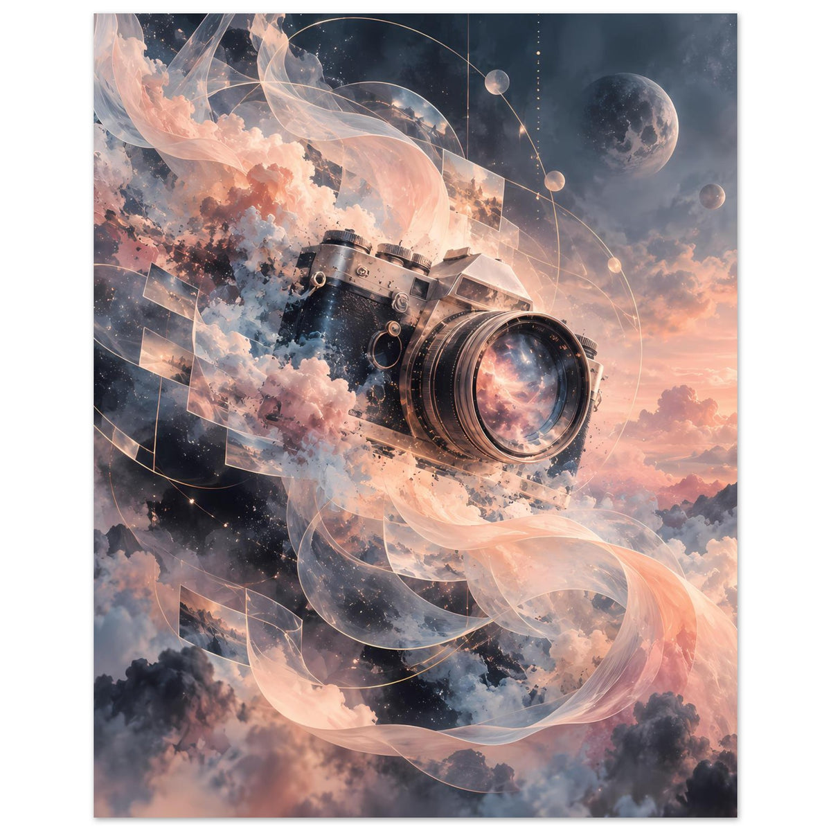 Kamera-Poster im Hochformat mit Retro-Kamera und wirbelnden Wolken, Lichtsäumen