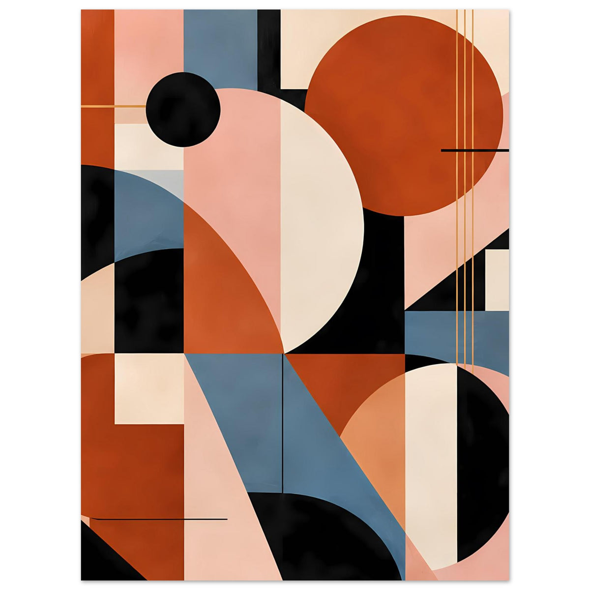 Abstraktes Geometrie-Poster mit schwarzen und cremefarbenen Formen sowie Linien in Terrakotta & Blau