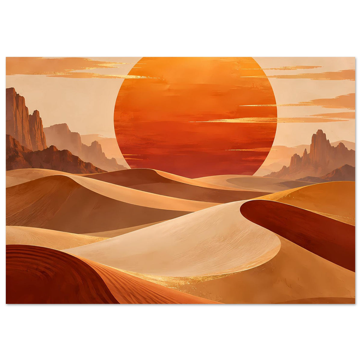 Poster im Querformat: Orangefarbene Sonne über Dünen, Felsen und warmen Wüstentönen