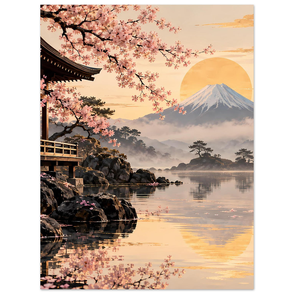 Sakura-Wandposter mit Kirschblütenzweig, Berg Fuji im Abendlicht und spiegelndem See