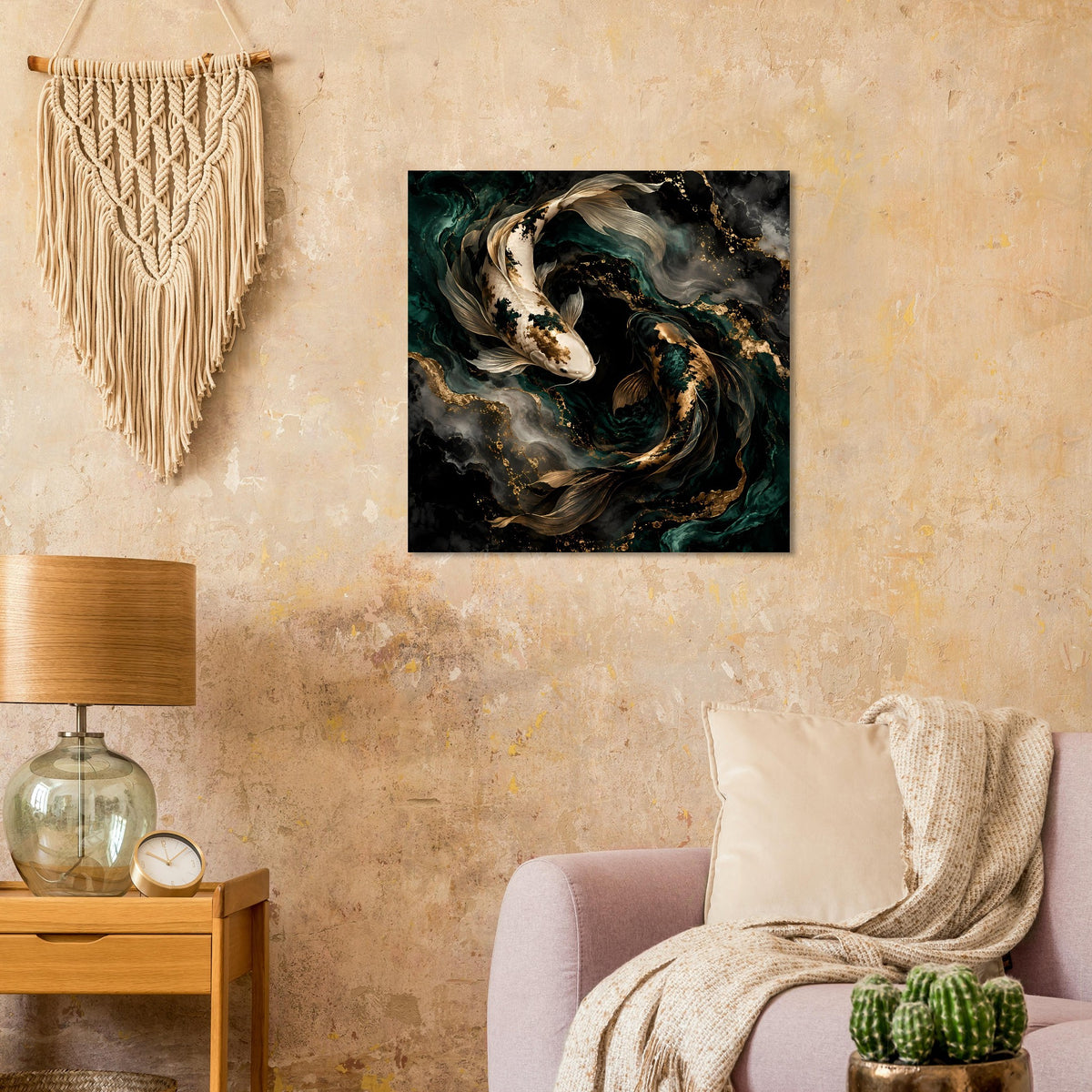 Kunstposter mit Koi-Fisch-Motiv, smaragdgrüne und goldene Wirbel