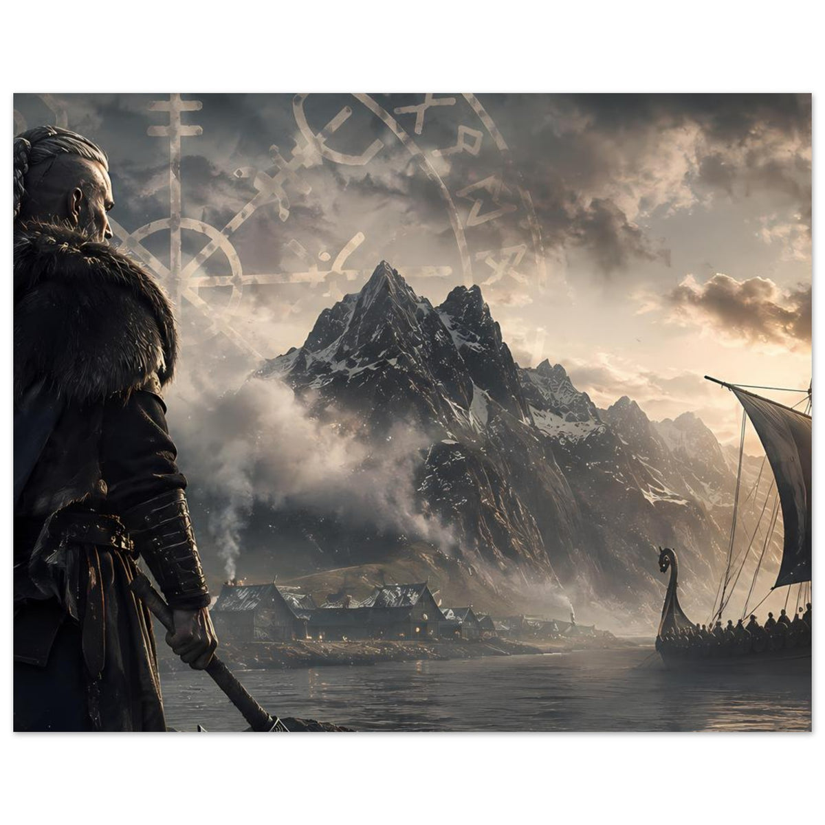 Poster mit Wikingerkrieger links, Runenrad und Langschiff rechts vor Fjord und Bergen