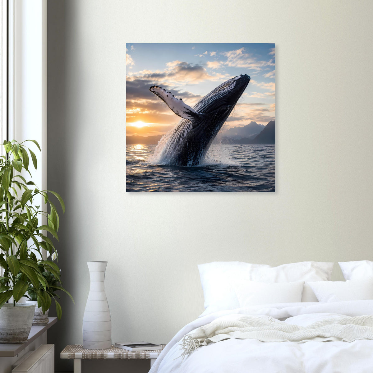 Wandposter mit Buckelwal beim Sprung aus dem Meer, Sonnenuntergang, blauer Rahmen