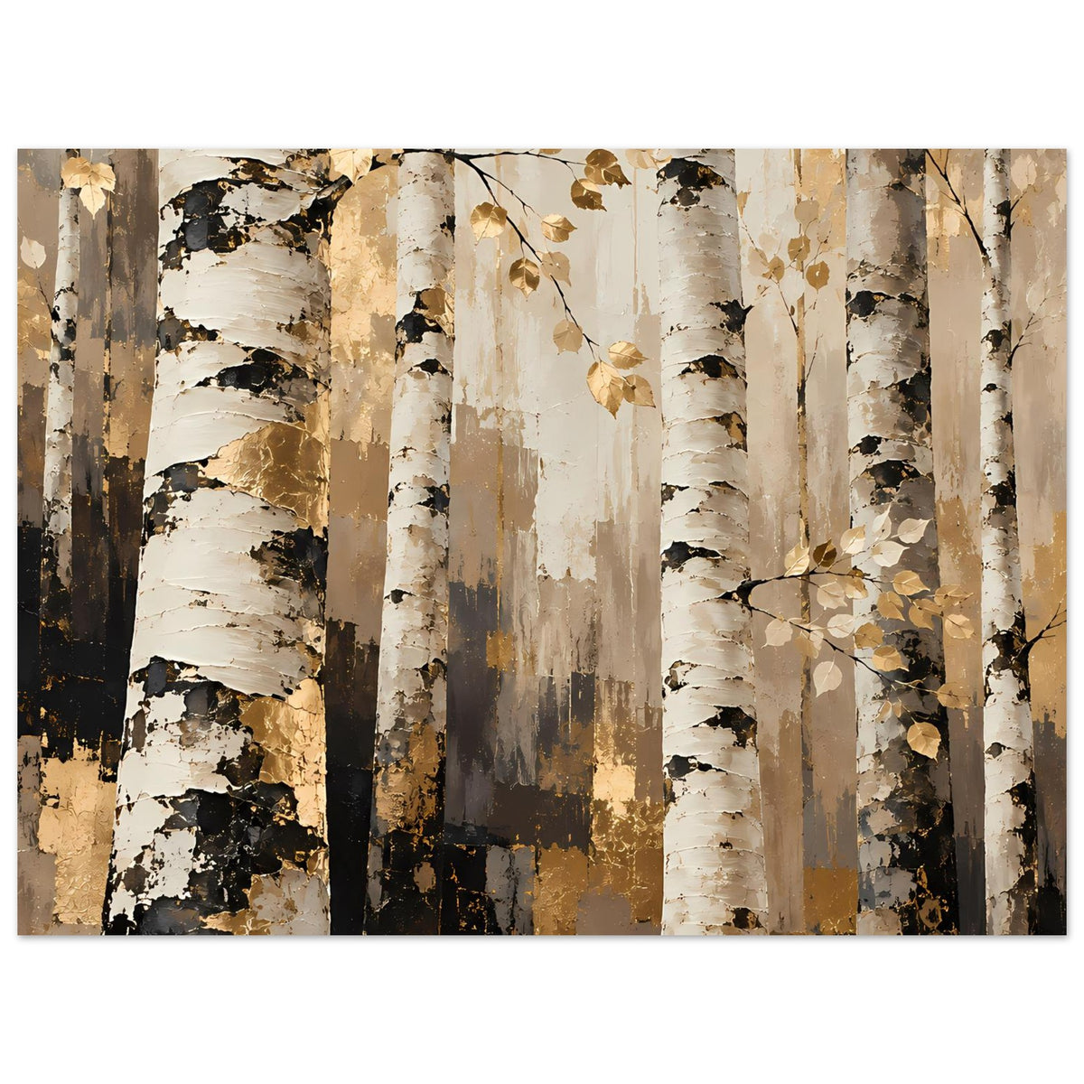 Naturposter im Querformat: Birkenwald mit goldenen Akzenten, Blätterzweig und dunklen Streifen.