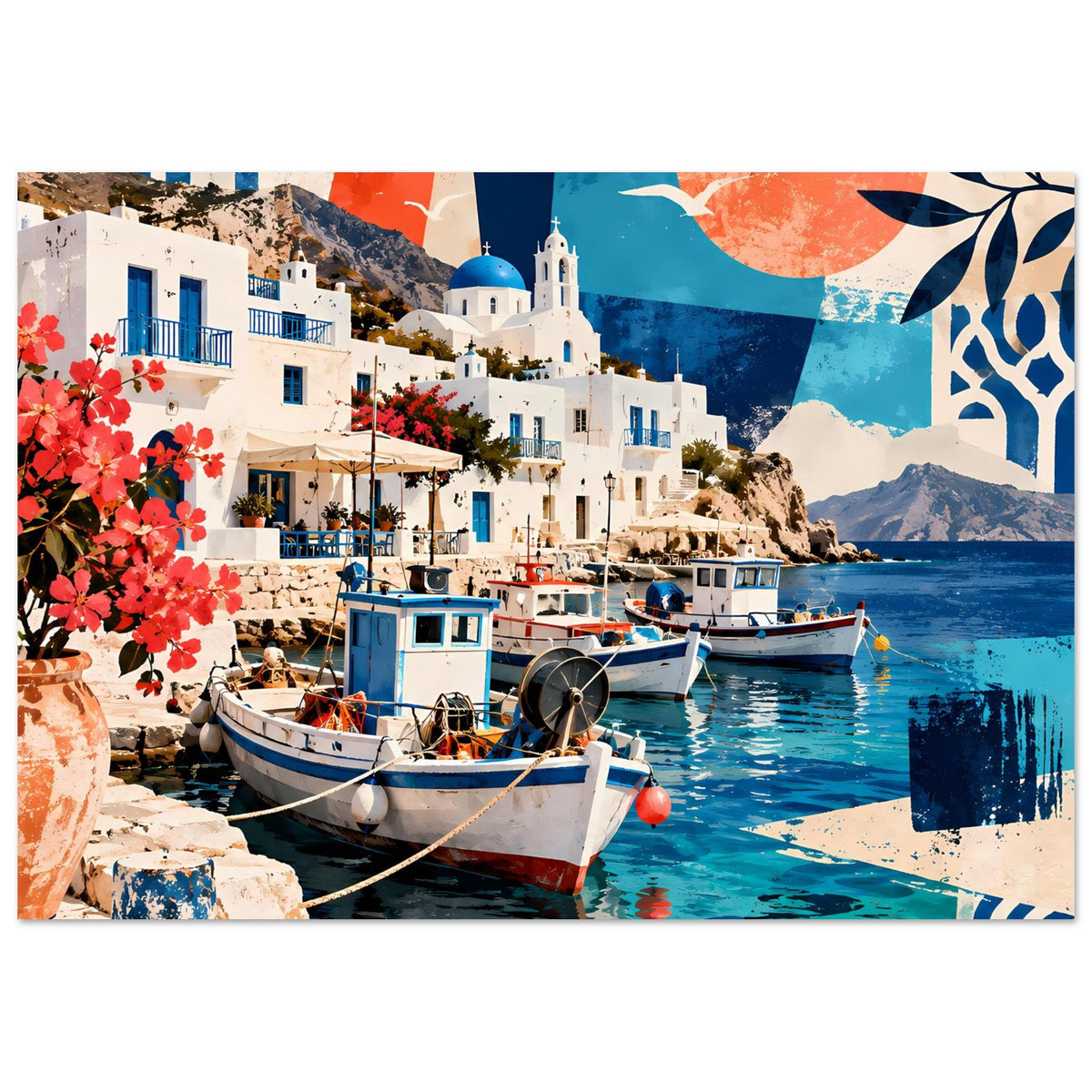 Kunstdruck Panorama: Hafenboote auf blauem Wasser, rote Blumen links und Ornamentrahmen rechts.