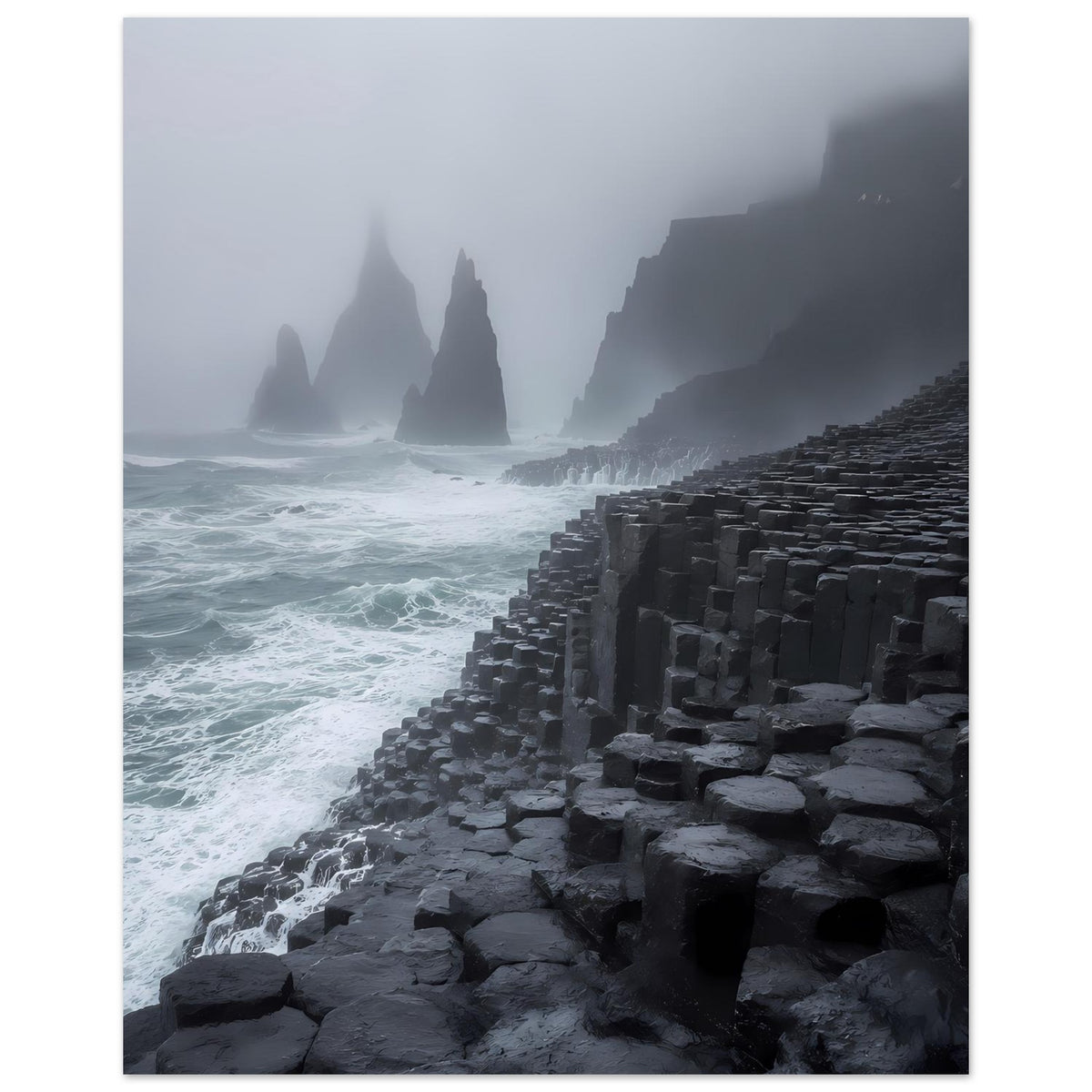 Basalt-Foto-Poster im Hochformat: schwarze Sechskantsäulen an der Küste, Nebelmeer