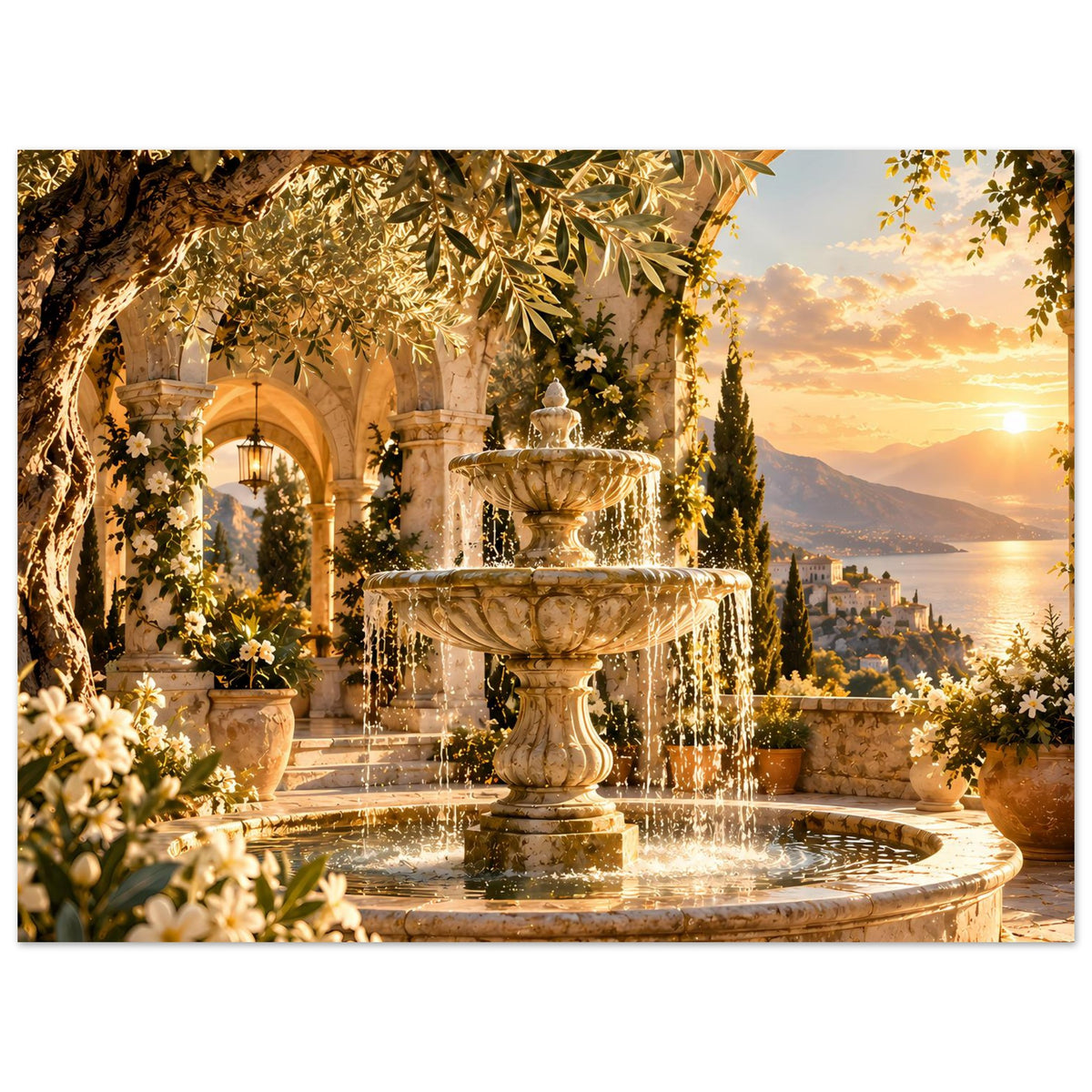Querformat-Brunnen-Poster bei Sonnenuntergang: Springbrunnen, Sonne am Horizont, goldene Blätter