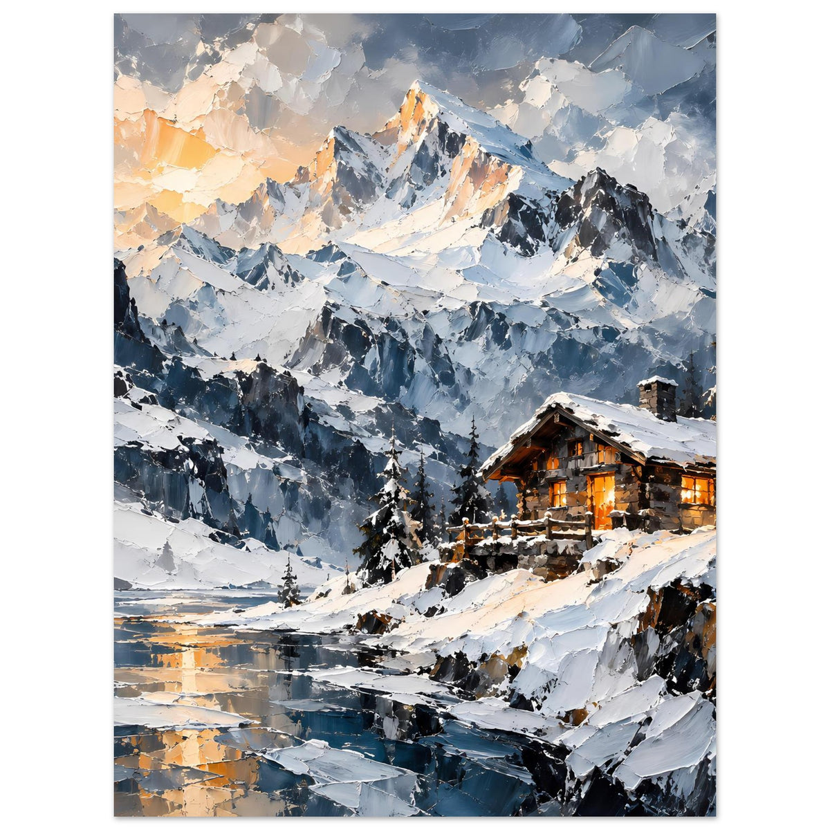 Winterlandschafts-Poster im Hochformat: verschneite Berglandschaft mit beleuchteter Hütte