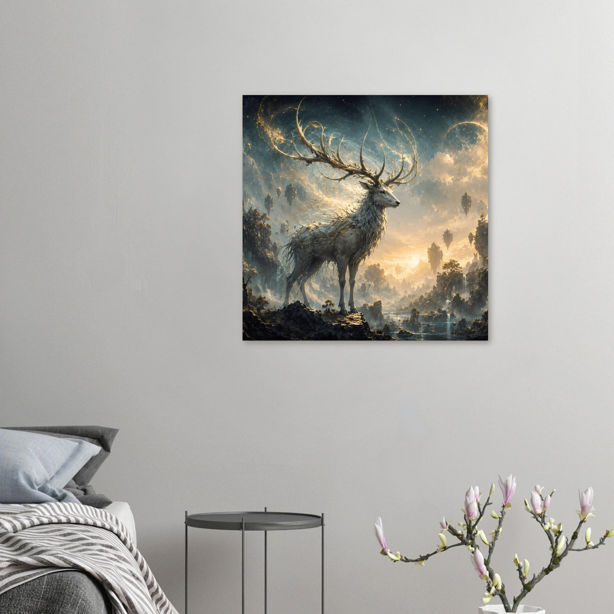 Kleines Fantasy-Rehposter an der Wand, Reh mit Geweih in Abendlandschaft
