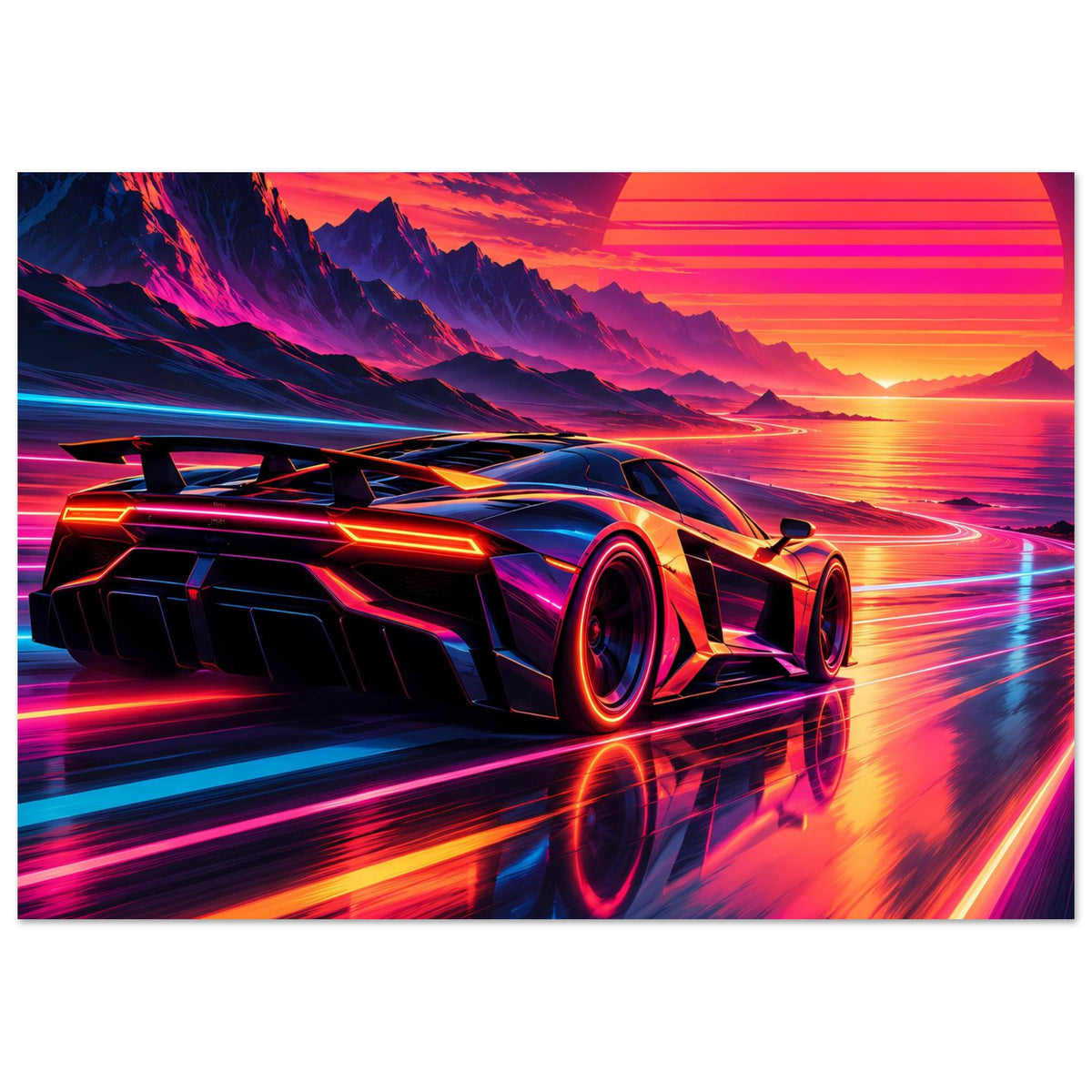 Supercar-Poster mit futuristischem Neon-Wagen, Frontpartie, Flügeln und Lichtreflexen