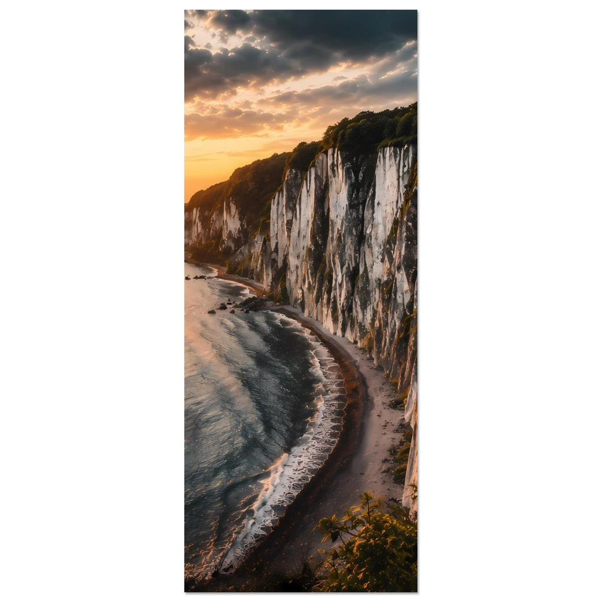 Hochkant-Poster mit Küstenlinie: weiße Steilklippen, Strand, Wellen und Abendhimmel
