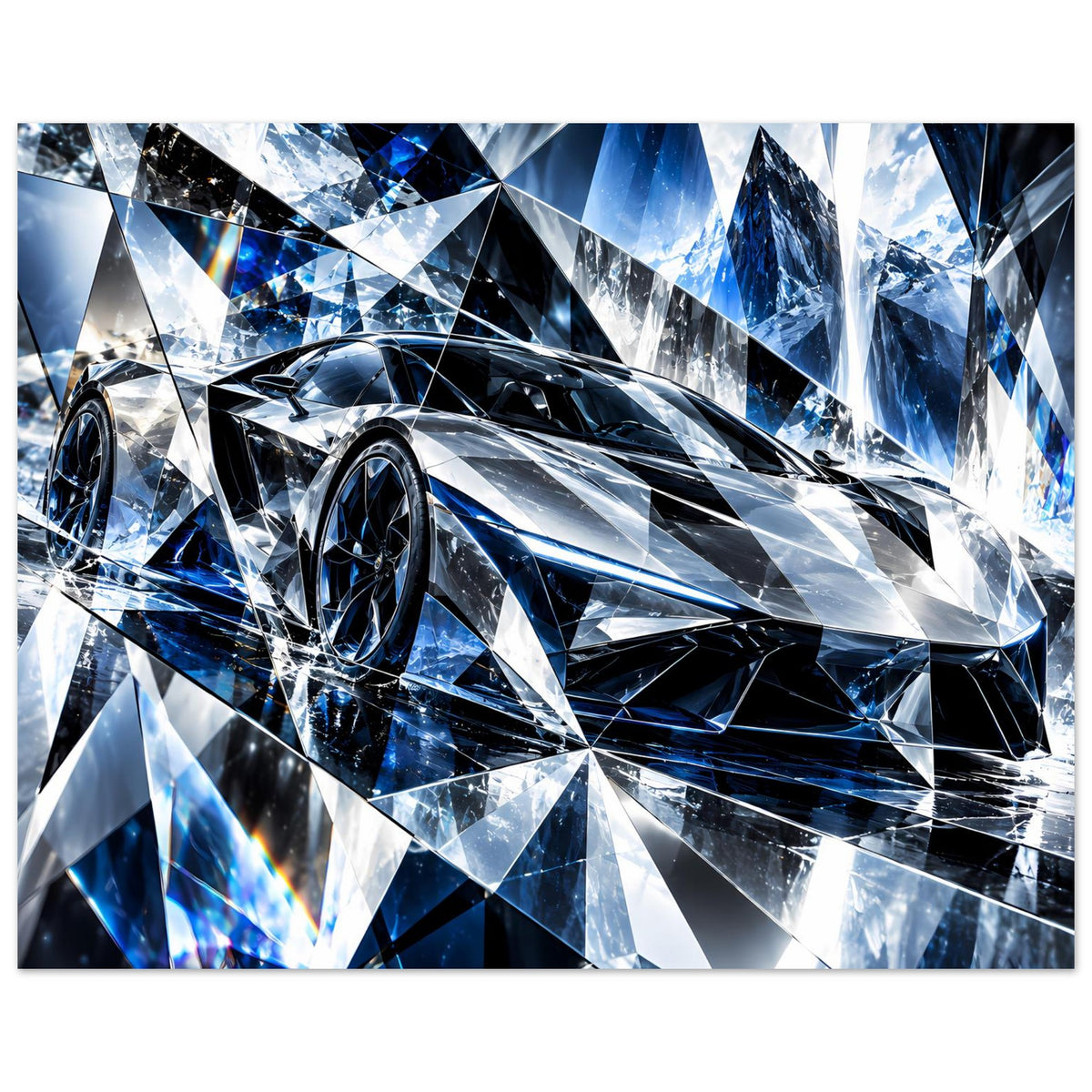 Gerahmtes Poster: futuristischer Sportwagen aus schwarz, Blau und Silber im Kristall-Design