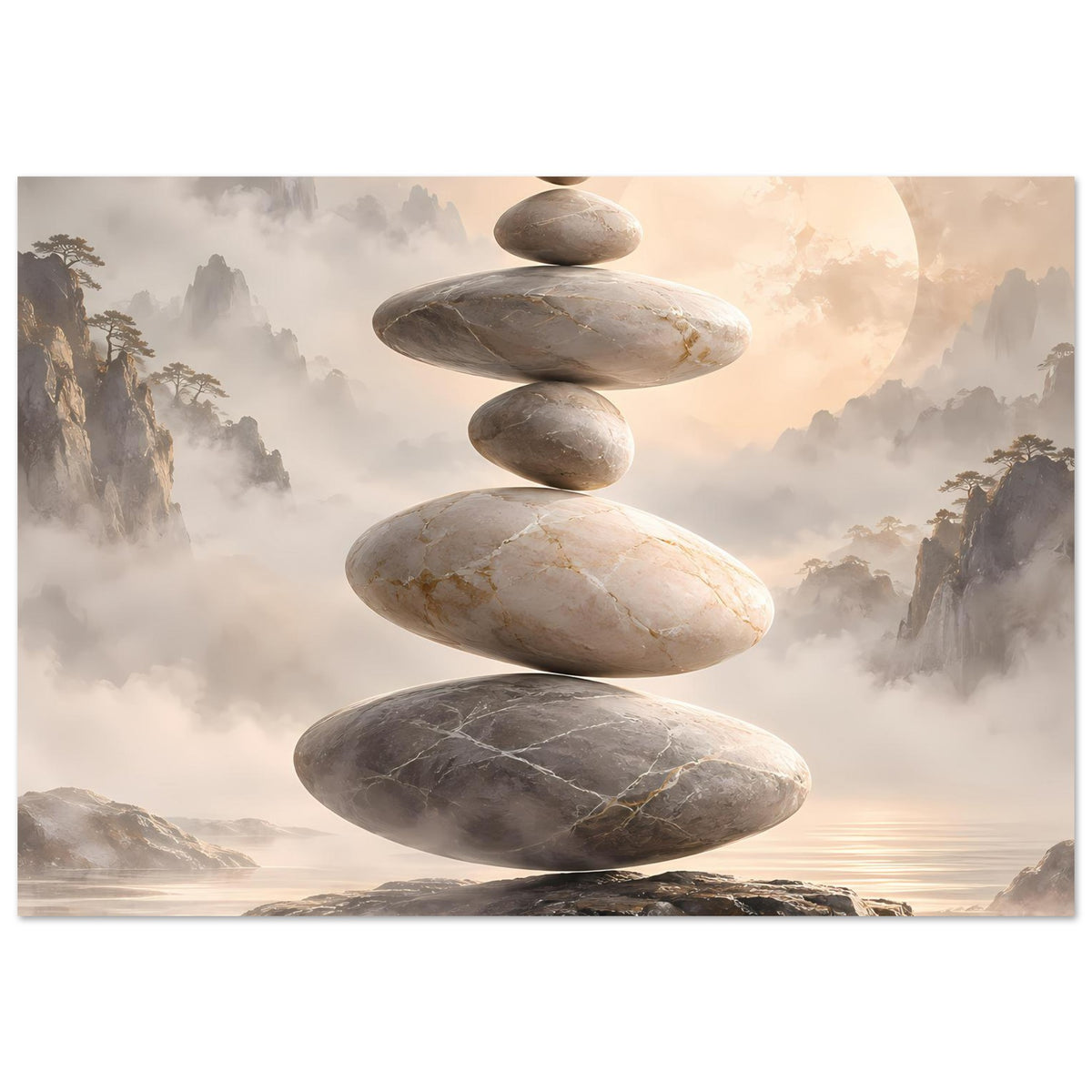Zen-Steine in Balance vor nebligem Hintergrund in sanften Beige- und Grautönen – Posteransicht 34