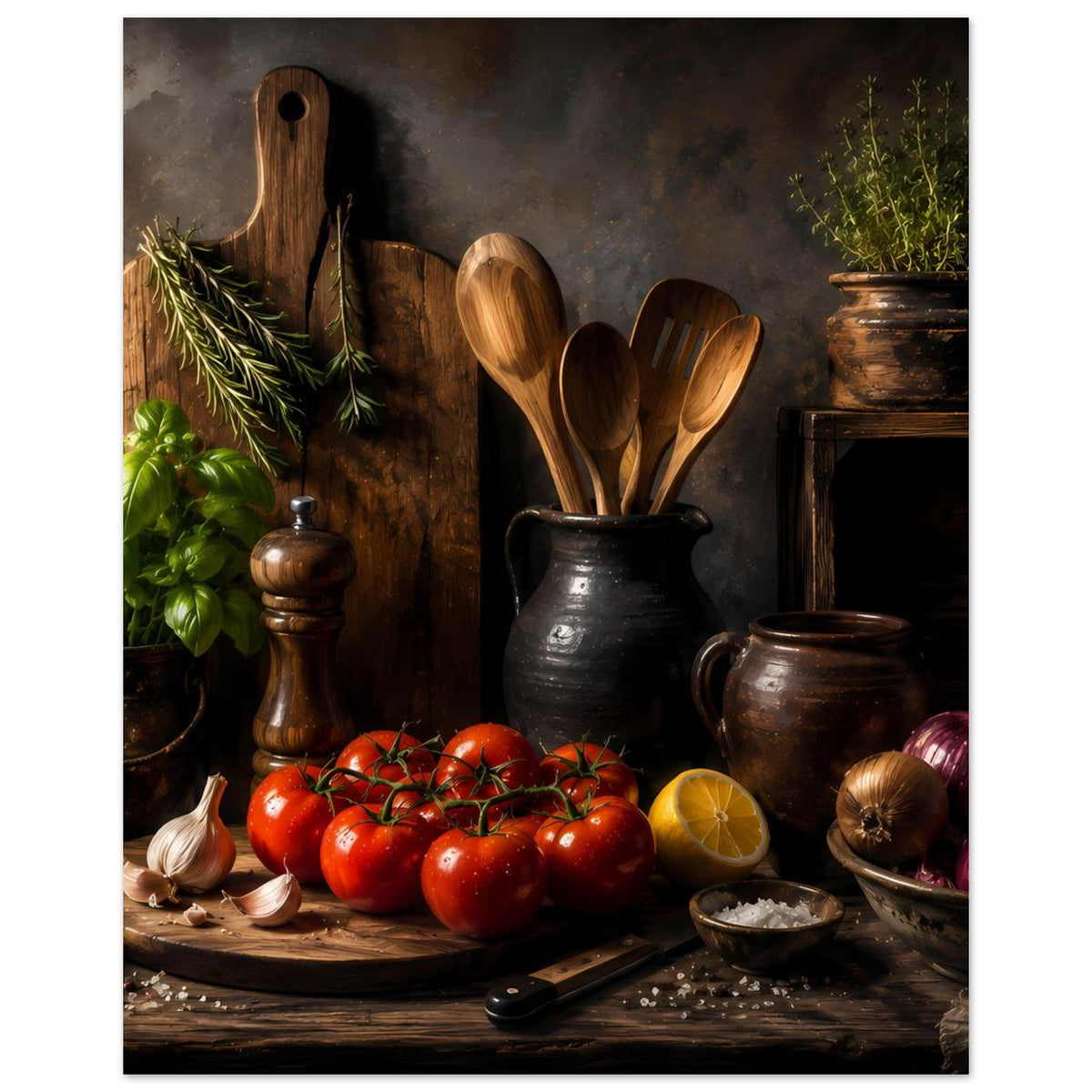Hochformat-Poster mit Küchenstillleben: schwarze Kanne, Holzlöffel, Tomaten, Zitrone und Zwiebeln