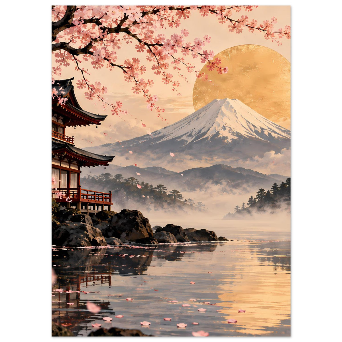 Poster mit Kirschblüten, goldenem Mond und Fuji; Tempelgebäude links am Ufer