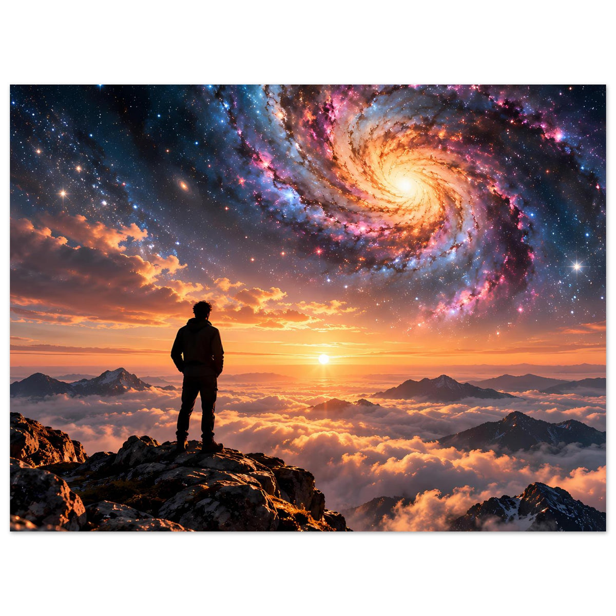 Querformat-Poster: Silhouette auf Berggipfel, Spiralgalaxie und Sonnenuntergang mit Wolkenmeer