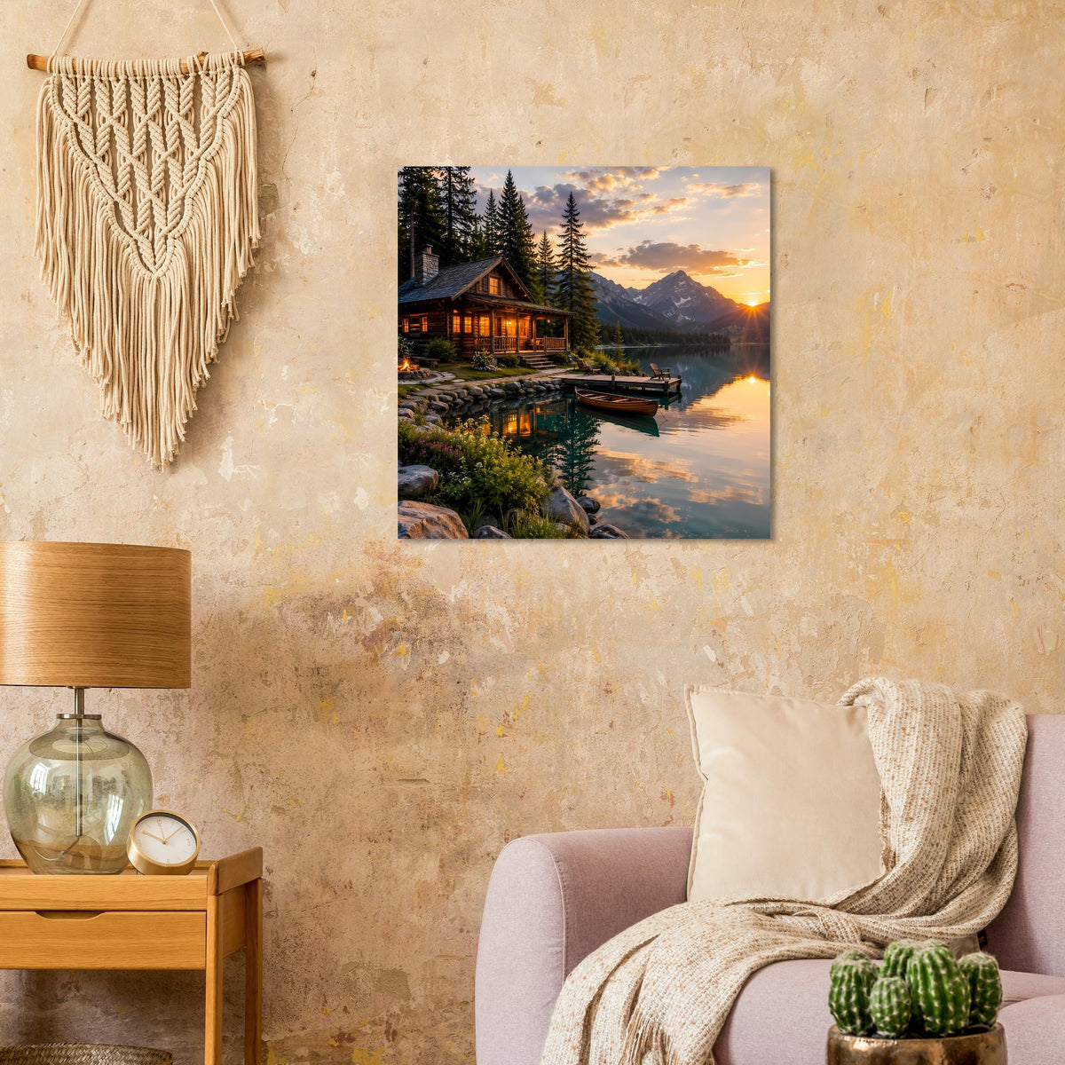 Quadratisches Wandposter: Holzhaus am See, Berge im Hintergrund und goldener Sonnenuntergang