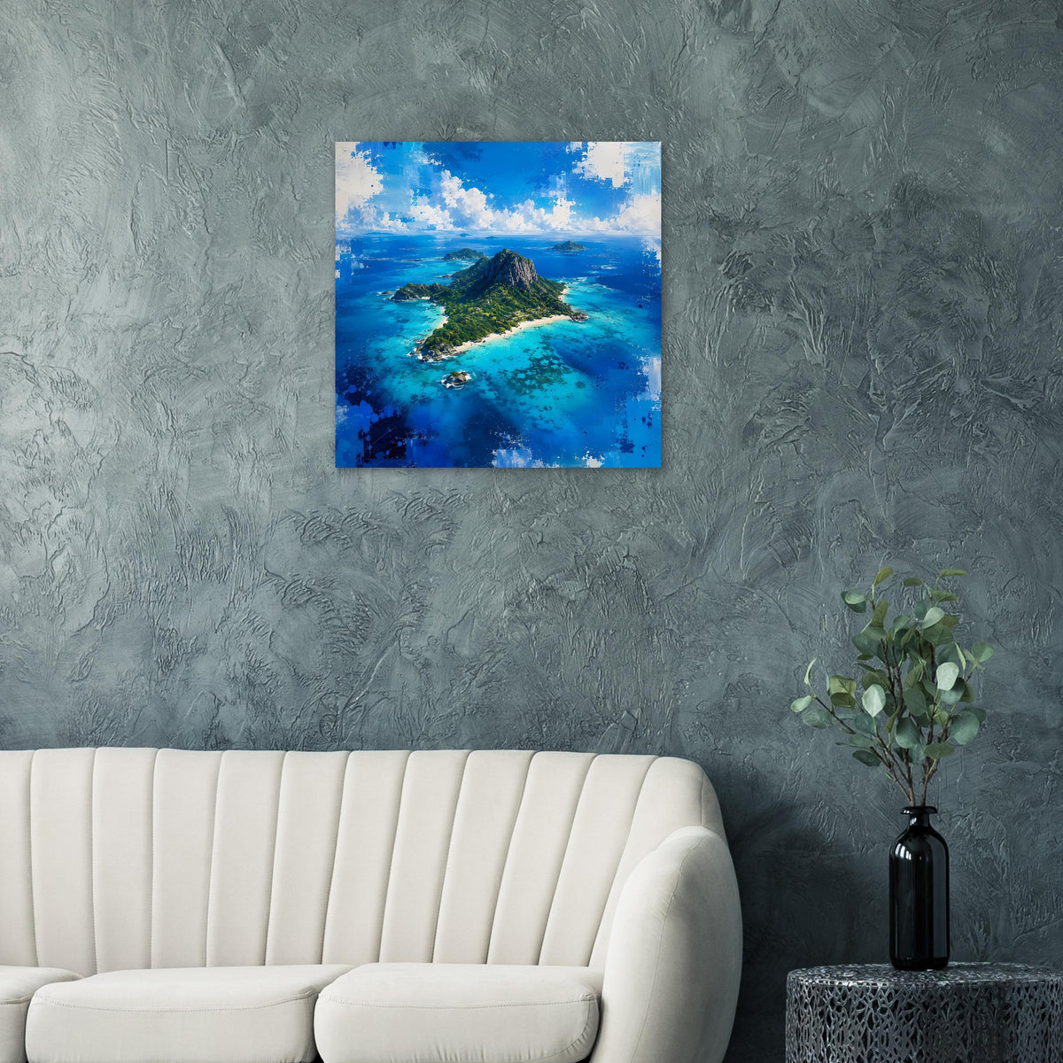 Poster mit tropischer Insel und Felsberg im türkisblauen Meer vor grauer Wand