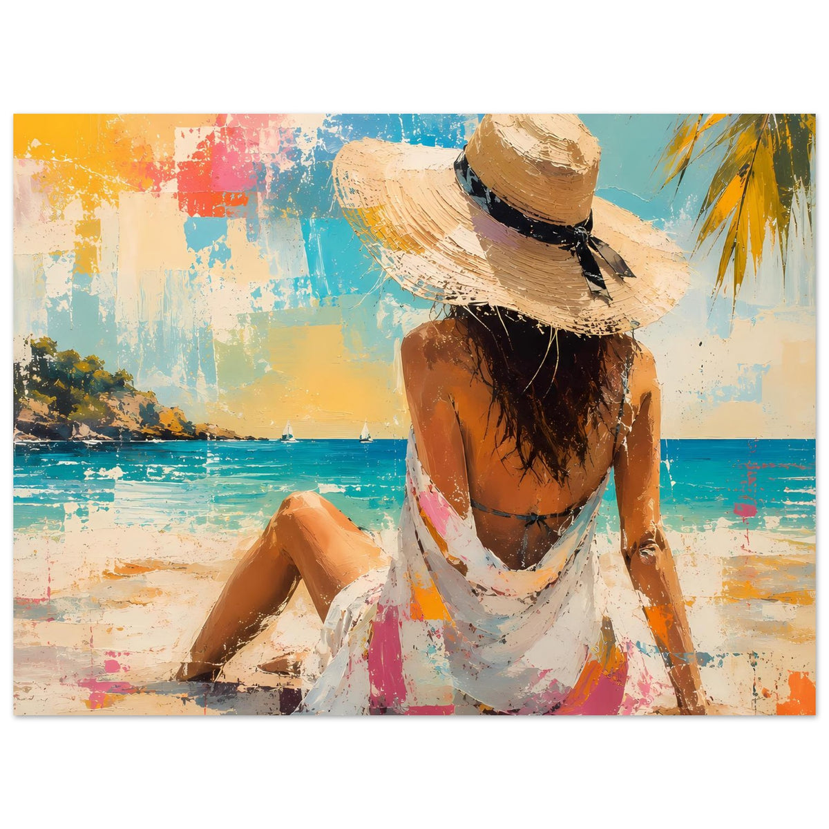 Sommerposter mit Frau im Strohhut, Strandmotiv, von hinten, bunt abstrakt