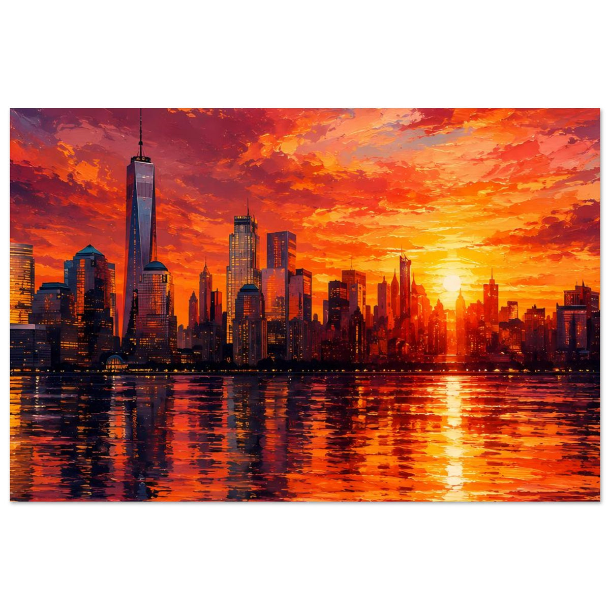 Vertikales Poster mit Skyline und One World Trade Center, orange-brauner Abendhimmel
