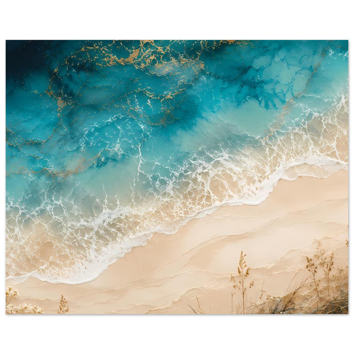 Querformat-Küstenposter: türkisblaues Wasser, goldene Akzente und heller Sand am Ufer