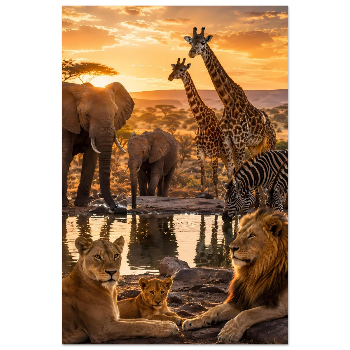 Hochformat-Poster mit zwei Löwen, Elefanten, Giraffen und Zebras vor Sonnenuntergang