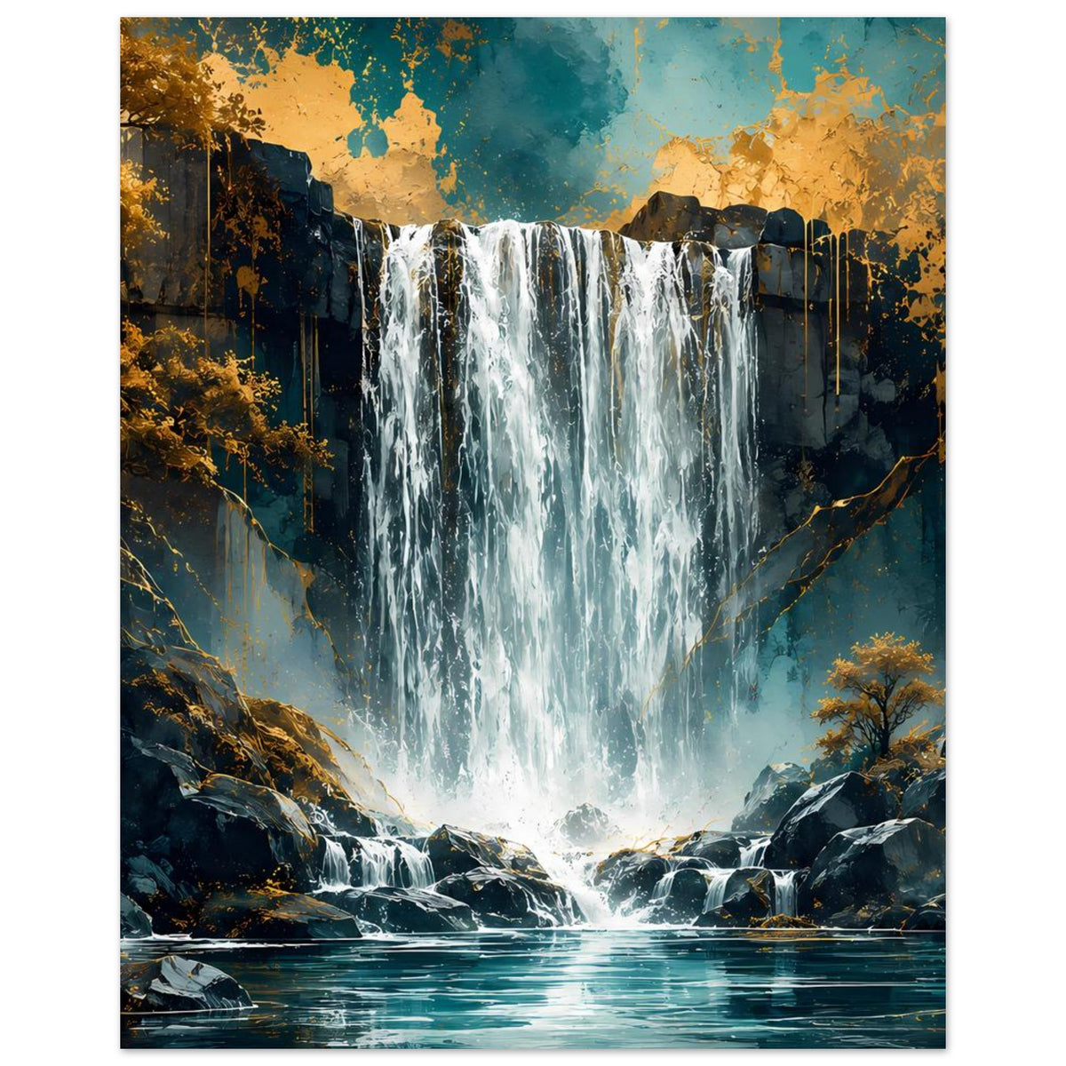 Wasserfall-Poster im Hochformat: türkisweißes Wasser, Felsentunnel und goldfarbener Himmel