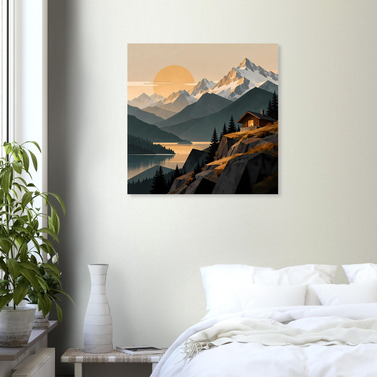 Quadratisches Poster mit Blick auf Berge, See und Hütte in warmem Abendlicht