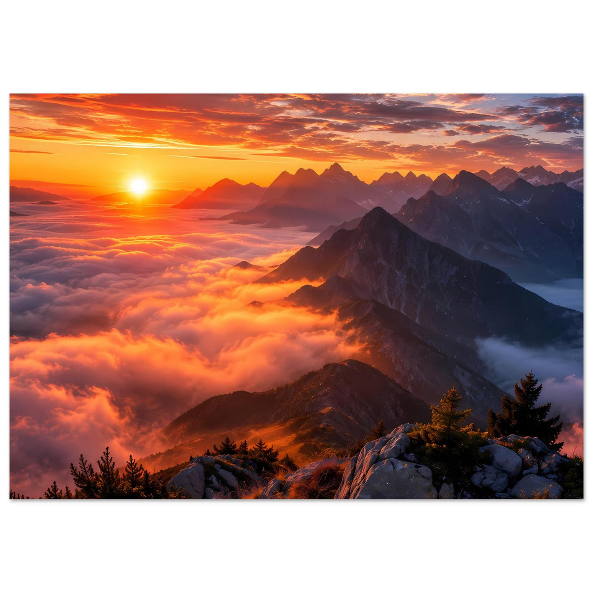 Wandposter Querformat: Sonnenuntergang über Gebirge, Wolkenmeer, Felsen und Bäume unten im Bild.
