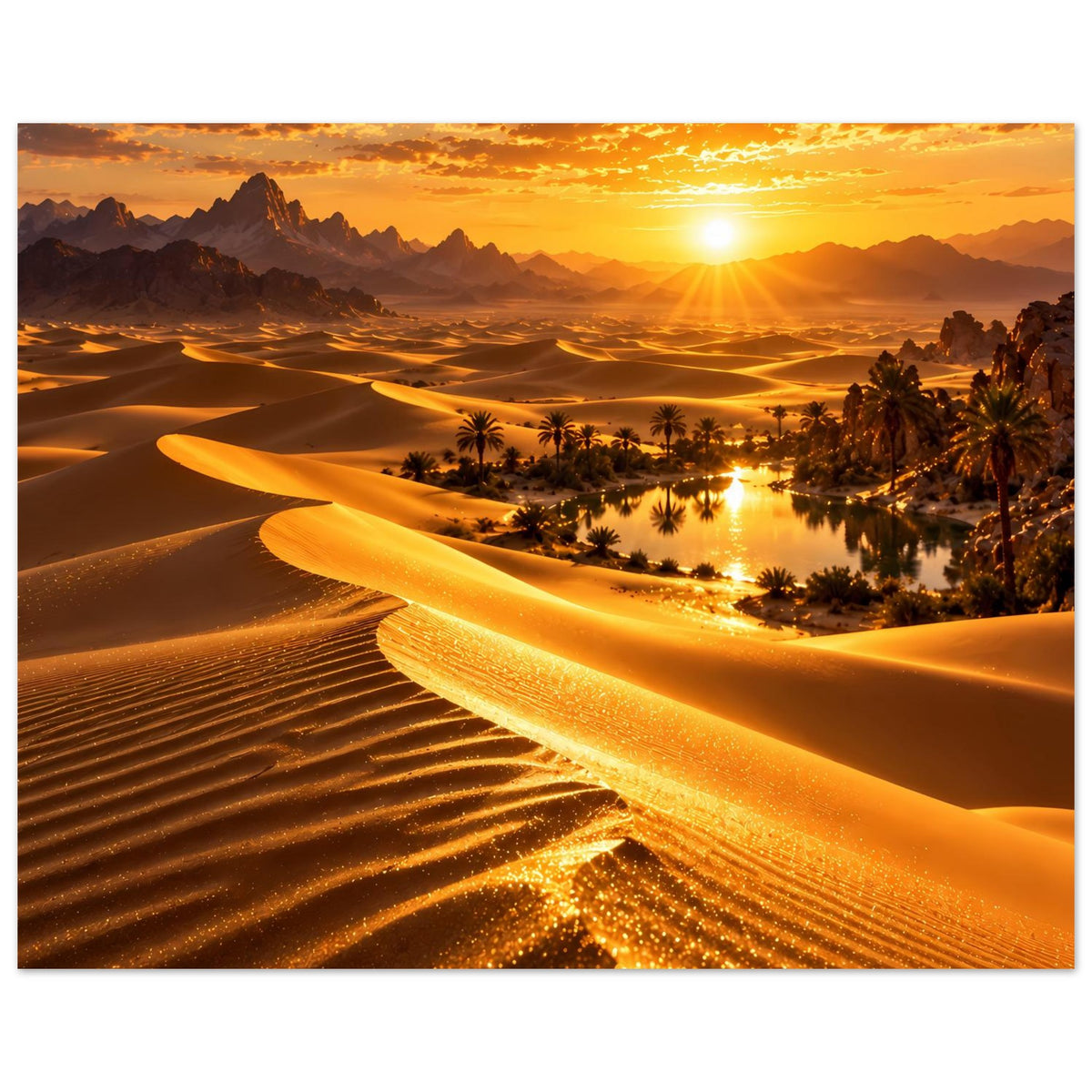 Wüstenlandschafts-Poster im Querformat: goldene Sandkanten, Palmen am Wasser und Sonnenuntergang