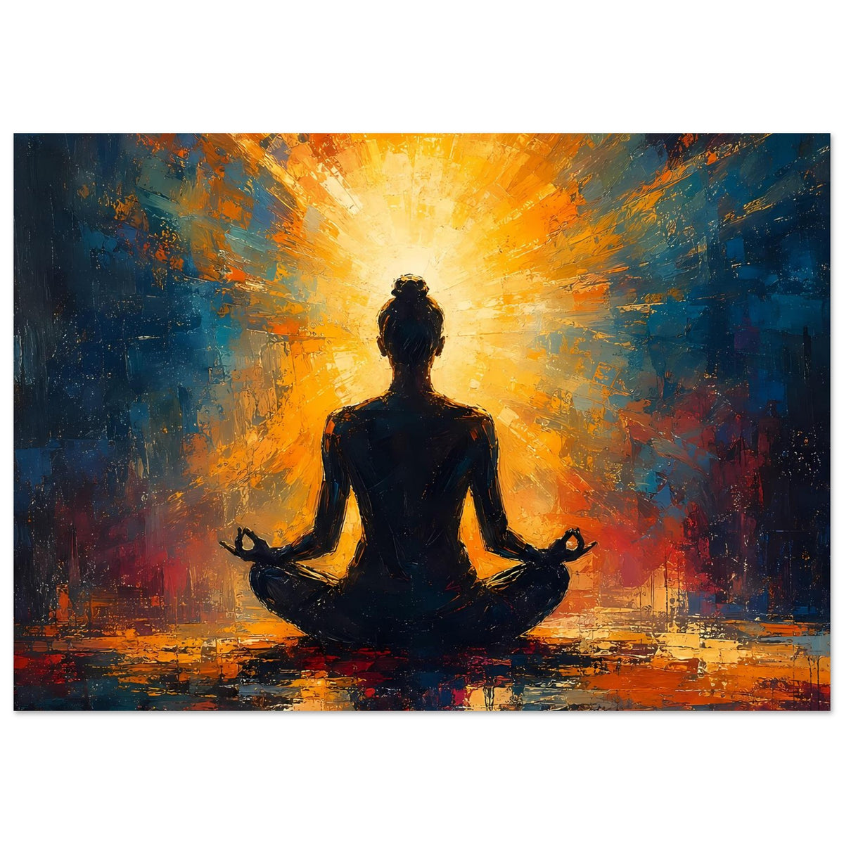 Poster mit meditierender Silhouette, gelb-orangees Licht, abstrakte Pinselstriche, Querformat