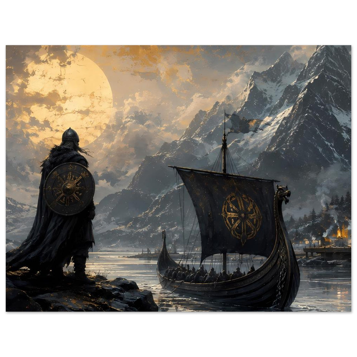 Poster mit Vikingkrieger links und Langschiff rechts, Berge unter hellem Mond