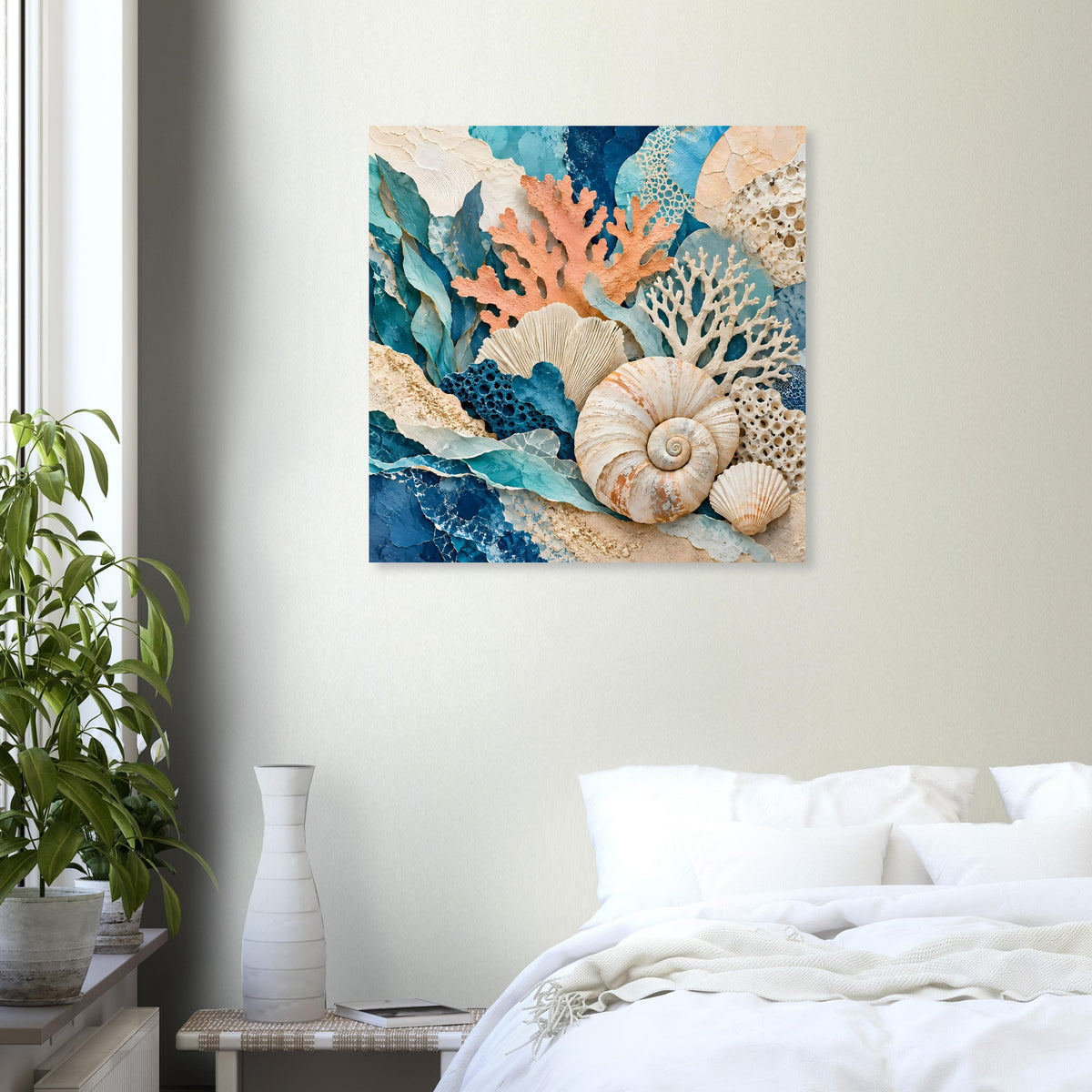 Meerestief-Poster mit Korallenriff und großen Muscheln in Blau, Orange und Beige.