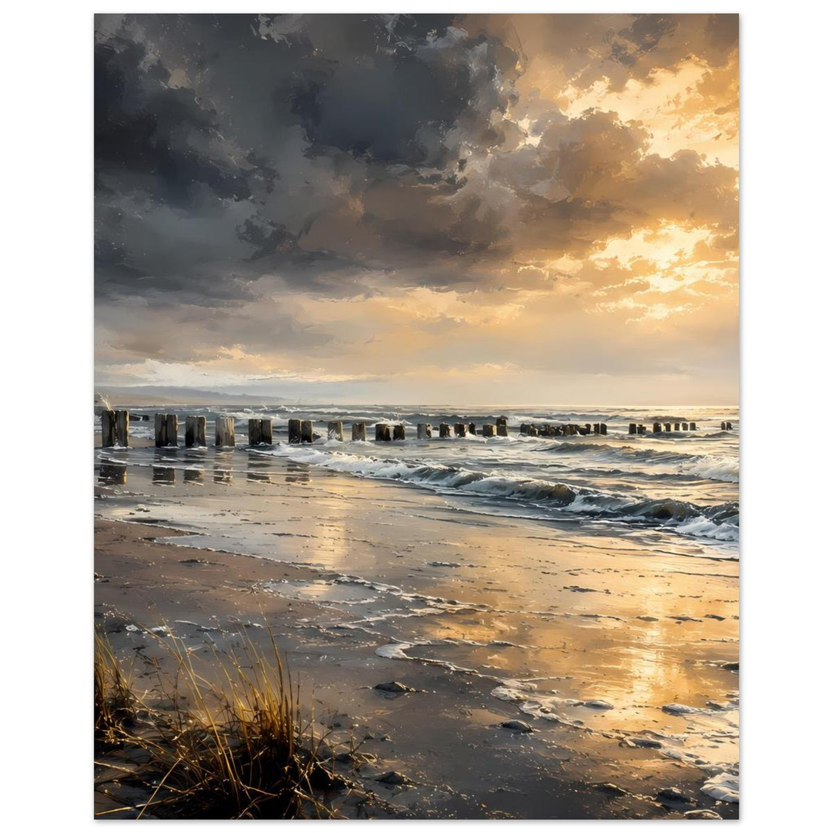 Poster im Hochformat mit Küstenlinie, Pfählen im Wasser, Schaumwellen und Abendsonne