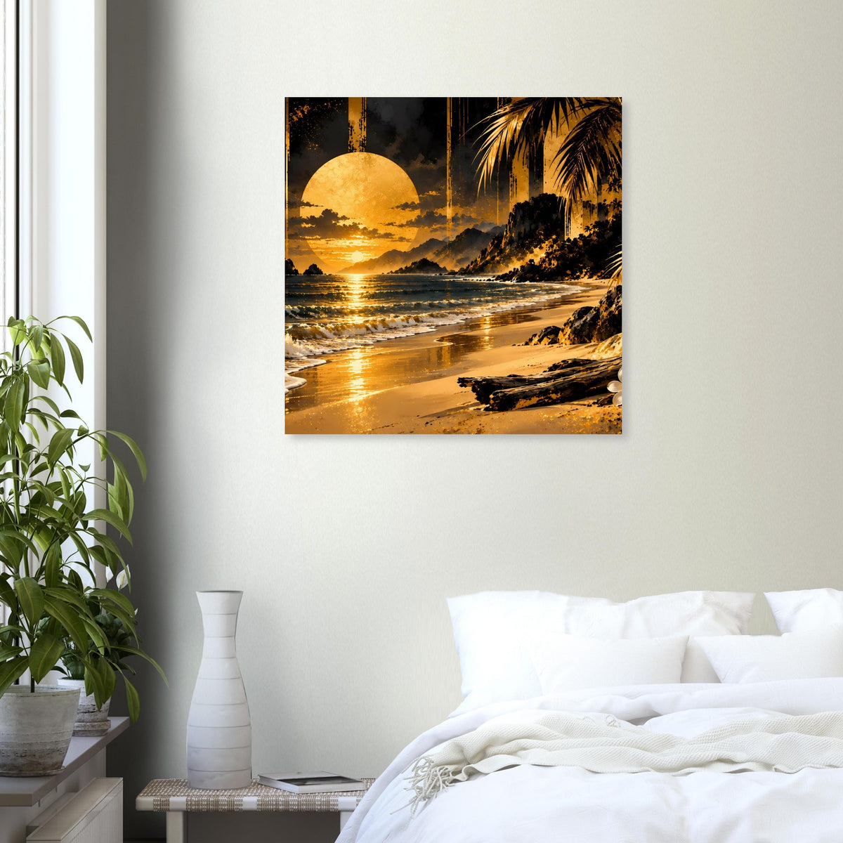 Quadratisches Poster mit Strandmotiv: Sonnenuntergang, Palmen und schimmernde Wellen