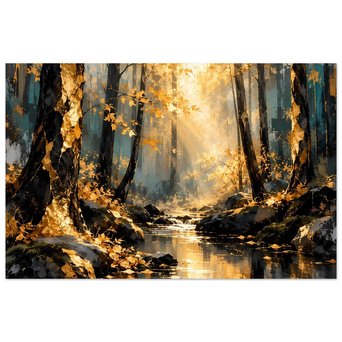 Herbstwald-Bildposter mit gold-orangenen Blättern, dunklem Unterholz und Bachspiegelung
