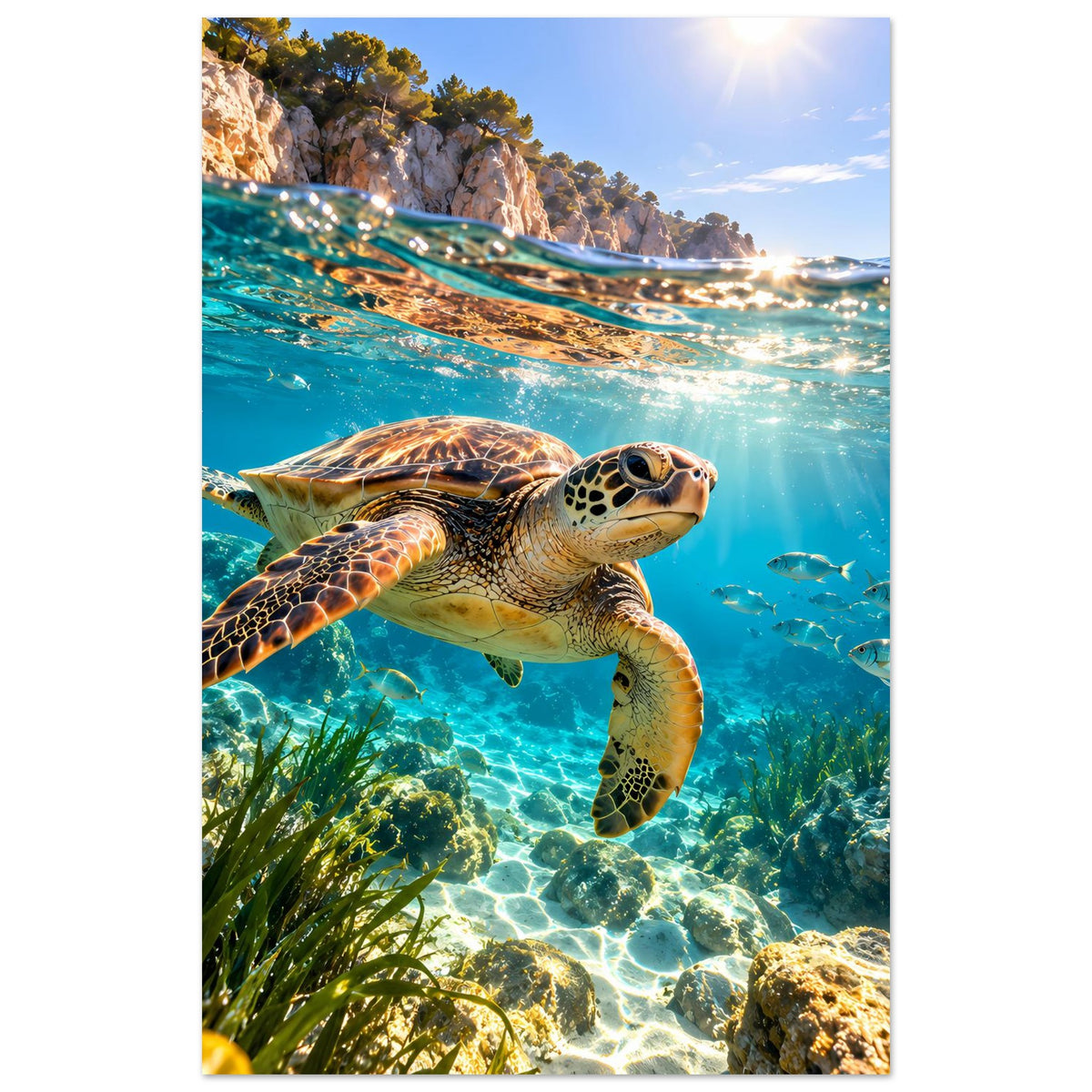 Meeresschildkröten-Poster (Hochformat): Schildkröte im klaren Wasser mit Fischen