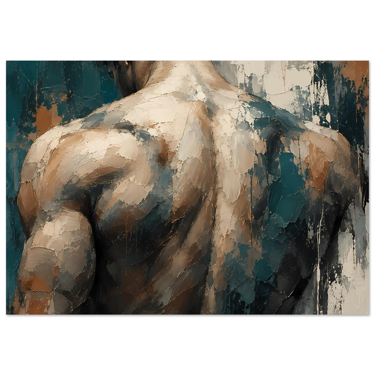 Kunstdruck männliches Rückenporträt im Querformat, abstrakte Farbfelder in Blau, Beige und Braun