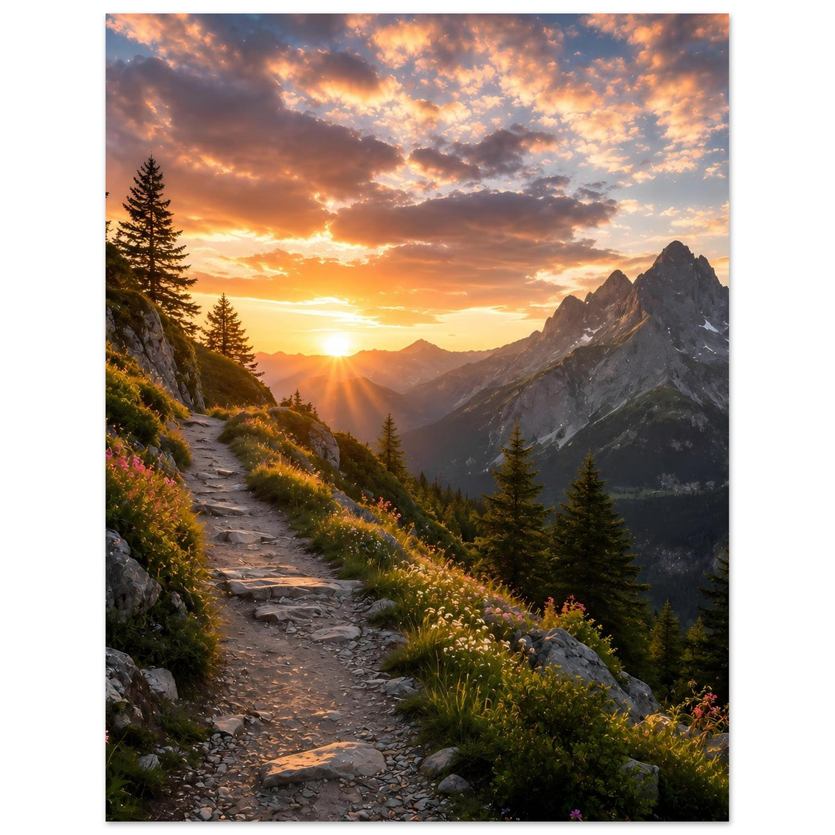Berglandschafts-Poster im Hochformat: Sonnenaufgang über Felsweg, Tannen und Berge