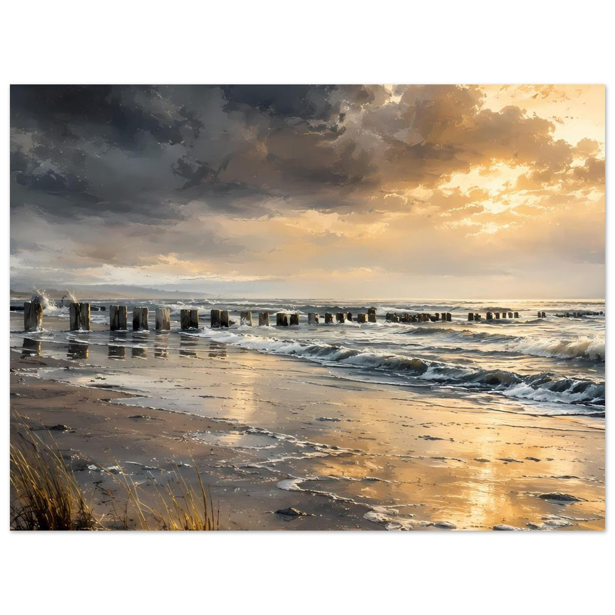 Strandposter im Querformat mit goldener Lichtstimmung, Wolken, Brandung und Pfahlreihe