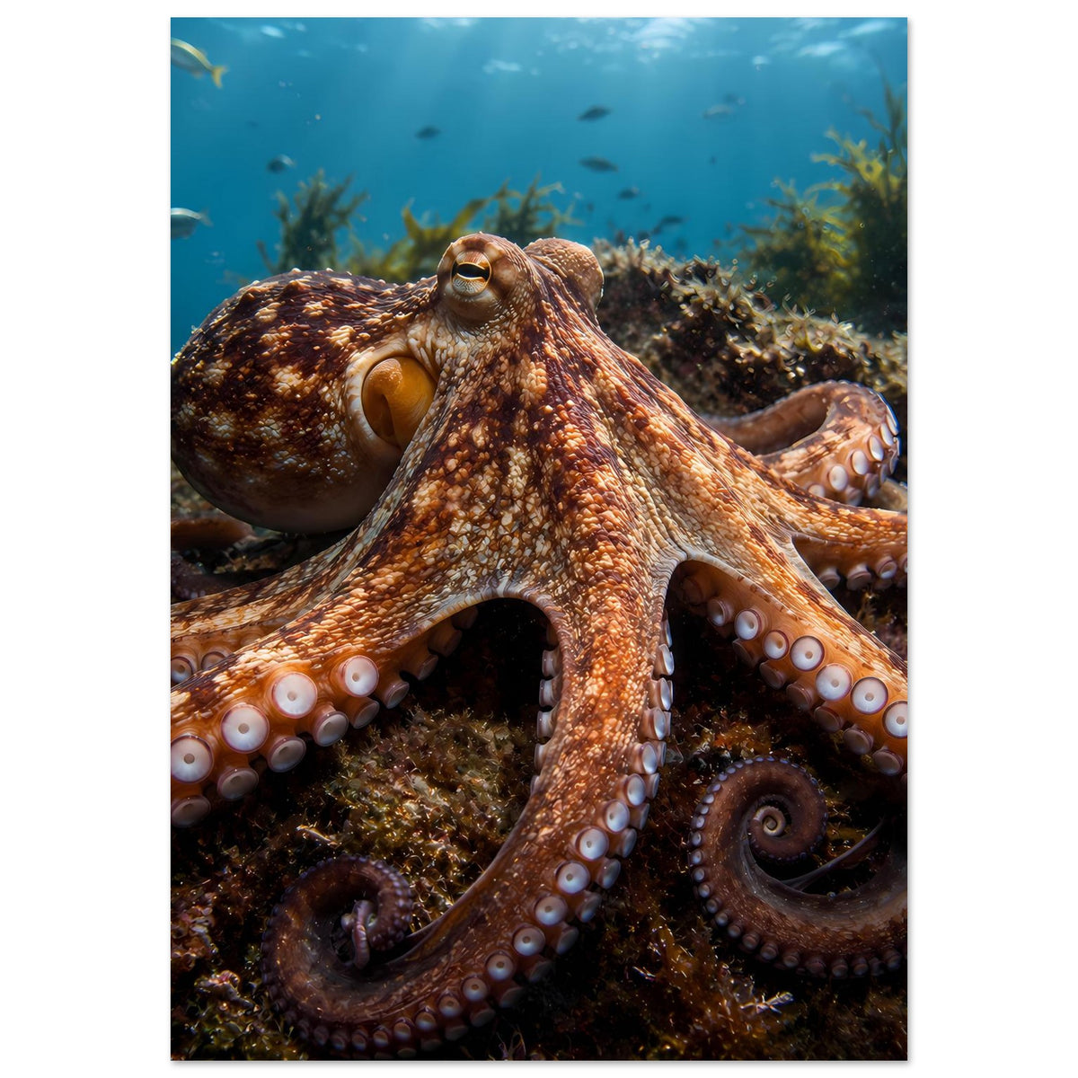 Hochkant-Unterwasserposter: brauner Oktopus mit gebogenen Tentakeln und Saugnäpfen