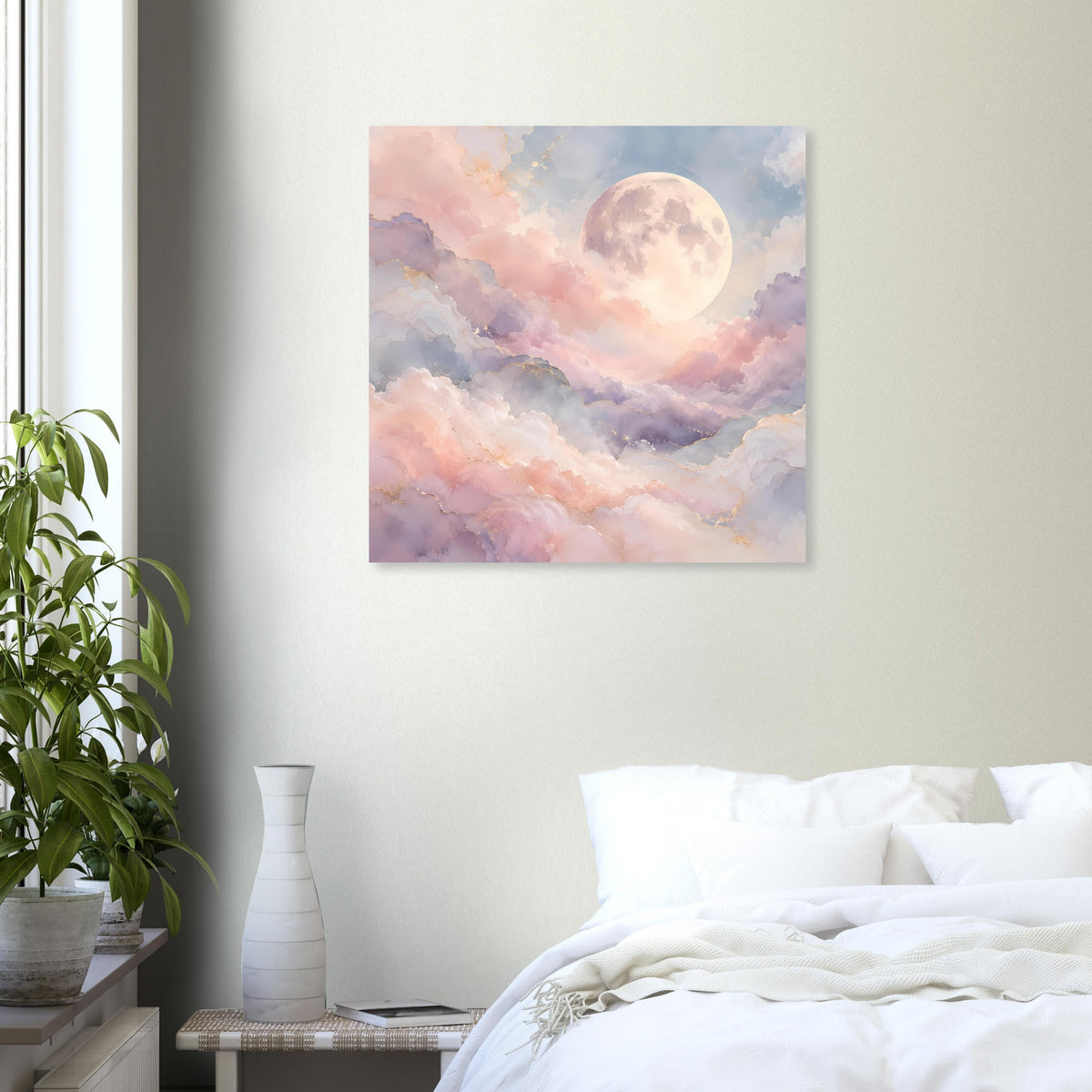 Quadratisches Pastellmond-Wolkenposter mit hellem Mond im zarten Himmel